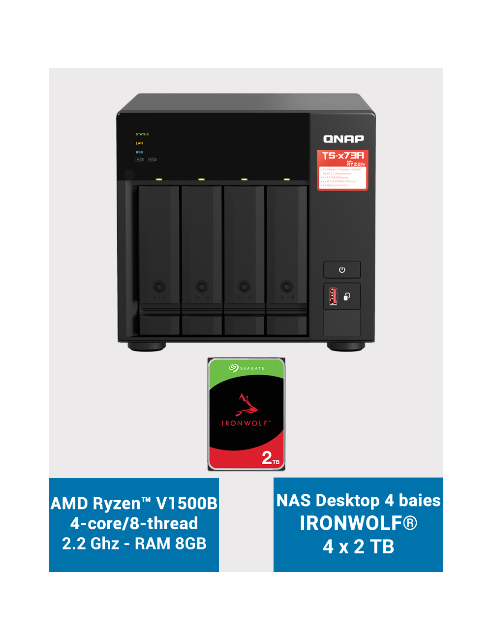 Qnap TS-473A 8GB Serveur NAS 4 baies IRONWOLF 8To (4x2To)