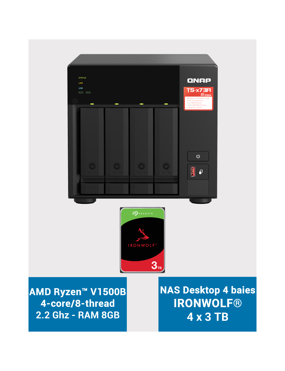 Qnap TS-473A 8GB Serveur NAS 4 baies IRONWOLF 12To (4x3To)