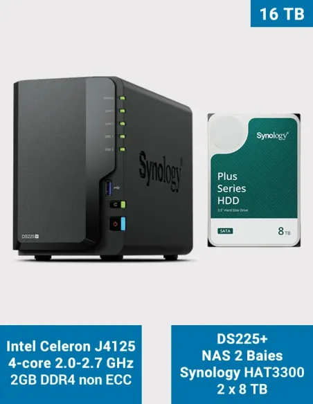 Synology DS225+ 2-Bay NAS with 2× HAT3300 8 TB (16 TB)