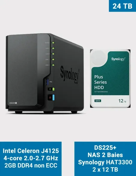 Synology DS225+ NAS 2 baies avec 2× HAT3300 12 To (24 To)