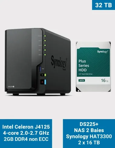Synology DS225+ NAS 2 bahías con 2× HAT3300 16 TB (32 TB)