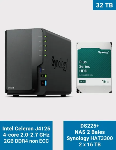 Synology DS225+ NAS 2 bahías con 2× HAT3300 16 TB (32 TB)
