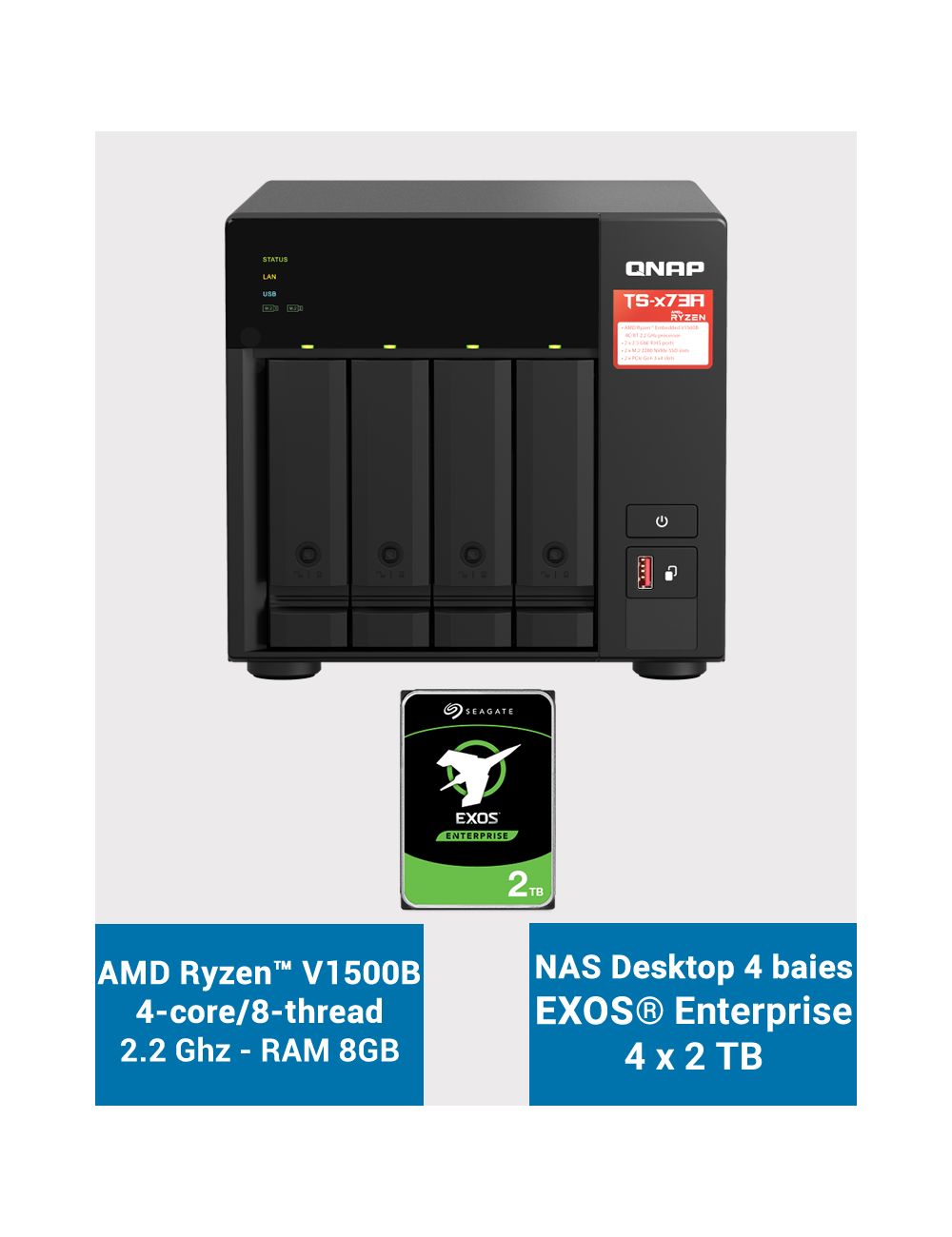Qnap TS-473A 8GB Servidor NAS 4 bahías EXOS Enterprise 8TB (4x2TB)