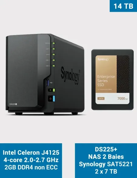 Synology DS225+ NAS 2 baies avec 2× SAT5210-7000G (14 To)