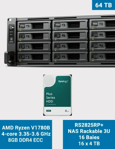 Synology RS2825RP+ – NAS rack 16 baies avec 16 × HAT3300-4T (64 To)