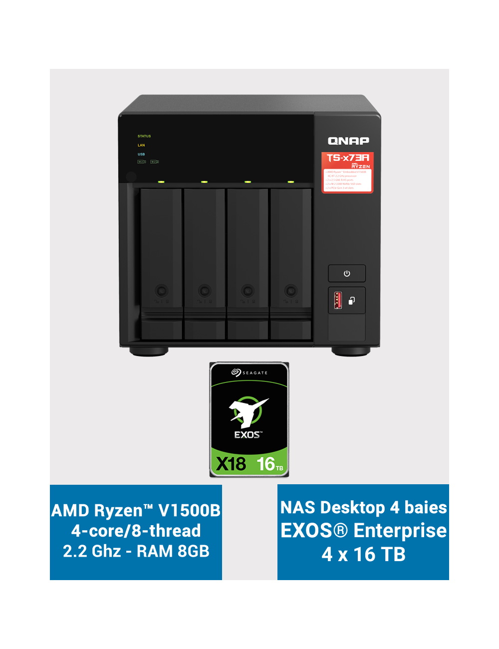 Qnap TS-473A 8GB Servidor NAS 4 bahías EXOS Enterprise 64TB (4x16TB)