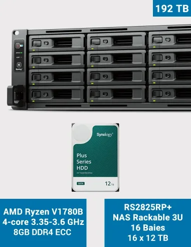 Synology RS2825RP+ NAS rack 16 bahías con 16 × HAT3300-12T (192 TB)