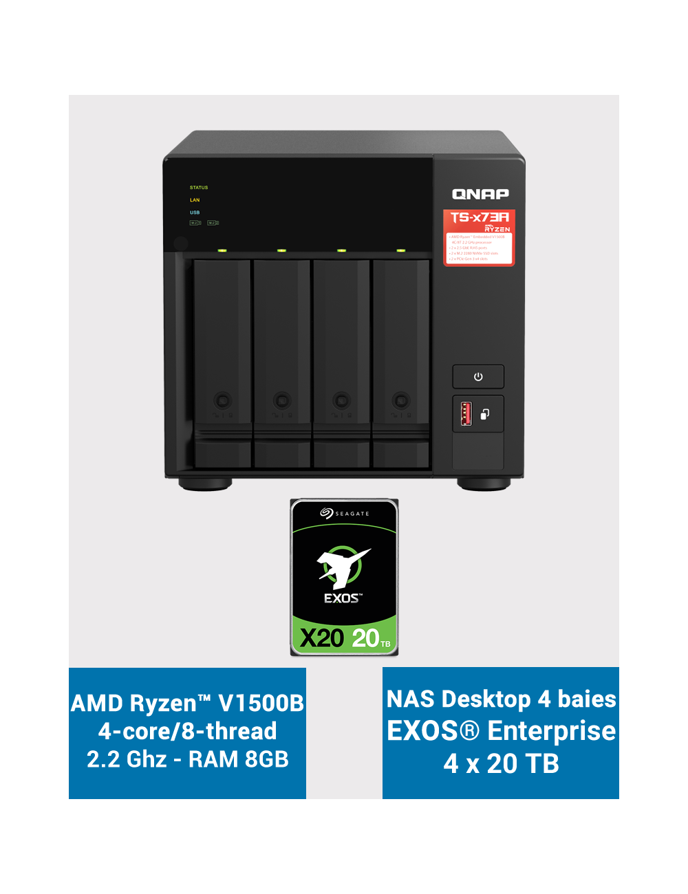 Qnap TS-473A 8GB Serveur NAS 4 baies EXOS Enterprise 80To (4x20To)