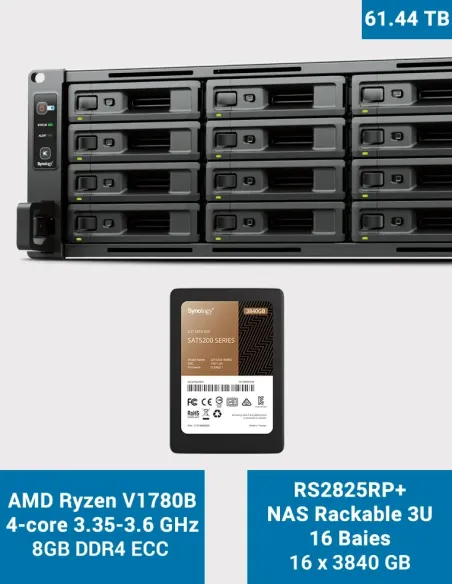 Synology RS2825RP+ NAS rack 16 baies avec 16 × SSD SAT5200-3840G (61,44 To)
