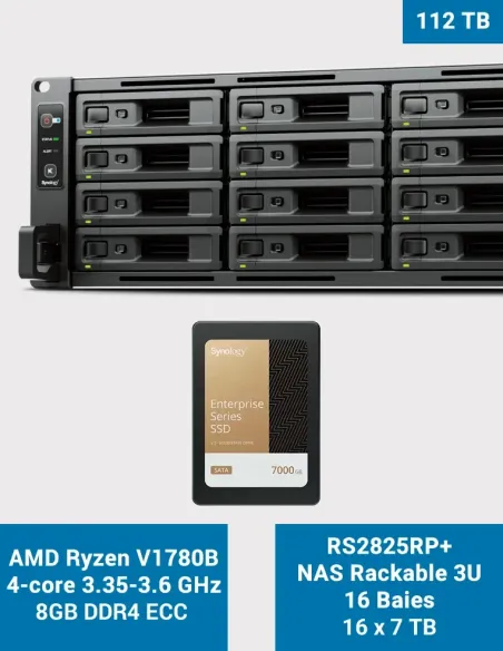 Synology RS2825RP+ NAS rack 16 baies avec 16 × SSD SAT5200-7000G (112 To)