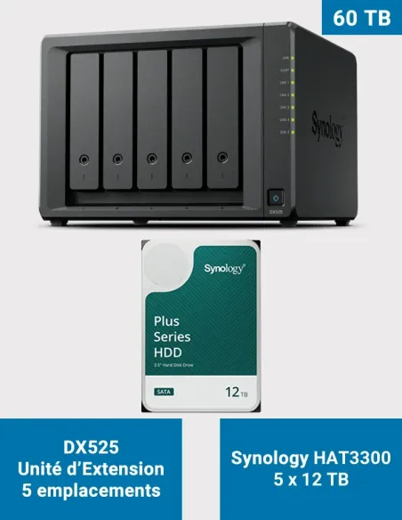 Synology DX525 – 5× HAT3300 12 TB (60 TB) – Unidad de expansión 5 bahías
