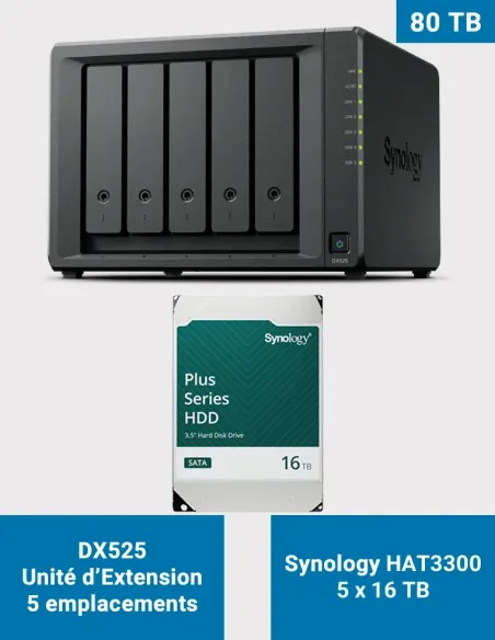 Synology DX525 – 5× HAT3300 16 TB (80 TB) – 5-Bay Expansion Unit