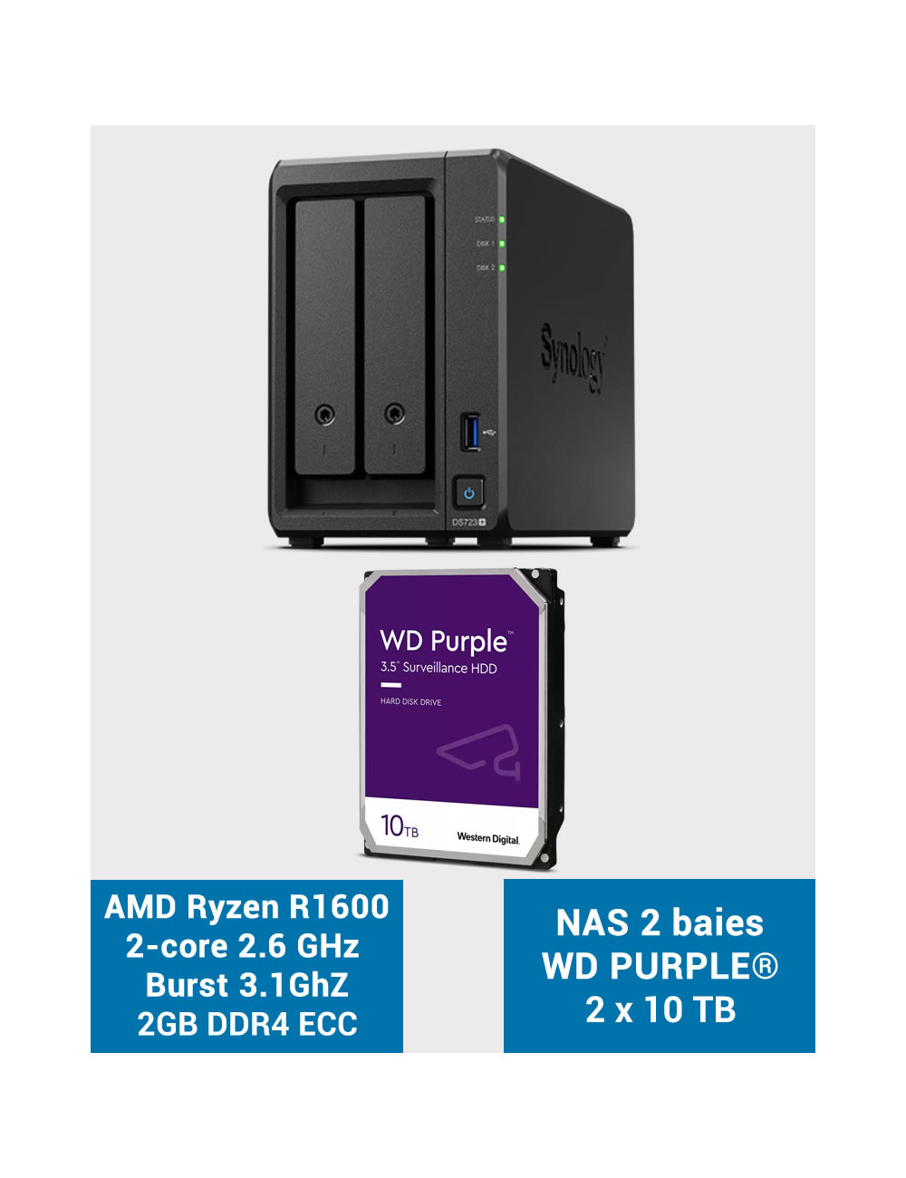 Synology DS723+ Serveur NAS WD PURPLE 20To (2x10To)