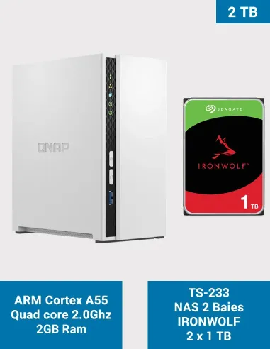 QNAP TS-233 – NAS 2 bahías con 2 × Seagate IronWolf 1 TB (2 TB brutos)