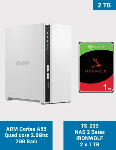 QNAP TS-233 – NAS 2 baies avec 2 × Seagate IronWolf 1 To (2 To bruts)