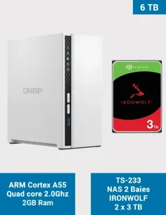 QNAP TS-233 – NAS 2 baies avec 2 × Seagate IronWolf 3 To (6 To bruts)