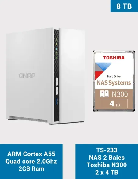 QNAP TS-233 – NAS 2 baies avec 2 × Toshiba N300 4 To (8 To bruts)