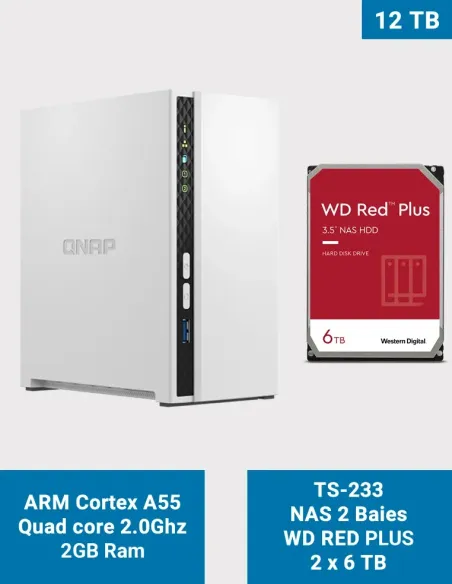 QNAP TS-233 – NAS 2 baies avec 2 × WD Red Pro 6 To (12 To bruts)