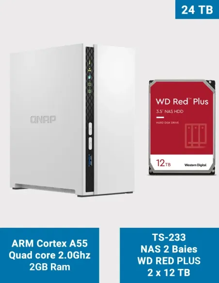 QNAP TS-233 – NAS de 2 bahías con 2 × WD Red Pro 12 TB (24 TB brutos)