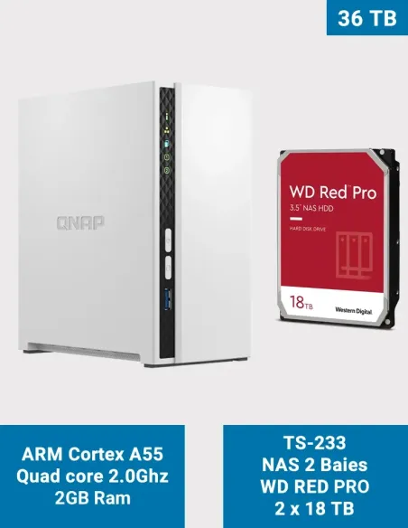 QNAP TS-233 – 2-Bay NAS with 2 × WD Red Pro 18 TB (36 TB raw) QNAP TS-233 – 2-Bay NAS with 2 × WD Red Pro 18 TB (36 TB raw)