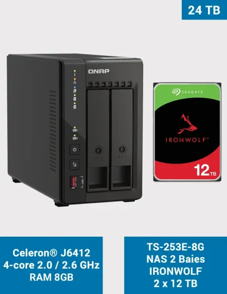 QNAP TS-253E-8G con 2× Seagate IronWolf 12 TB – NAS 2 bahías pre-equipado, 8 GB RAM, 2× 2.5 GbE, NVMe, HDMI 4K
