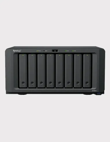 Synology DS1825+ vista frontal con 8 bahías y 2 puertos 2.5GbE, NAS profesional escalable hasta 18 bahías