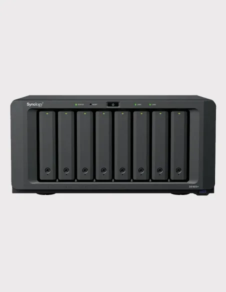 Synology DS1825+ vista frontal con 8 bahías y 2 puertos 2.5GbE, NAS profesional escalable hasta 18 bahías