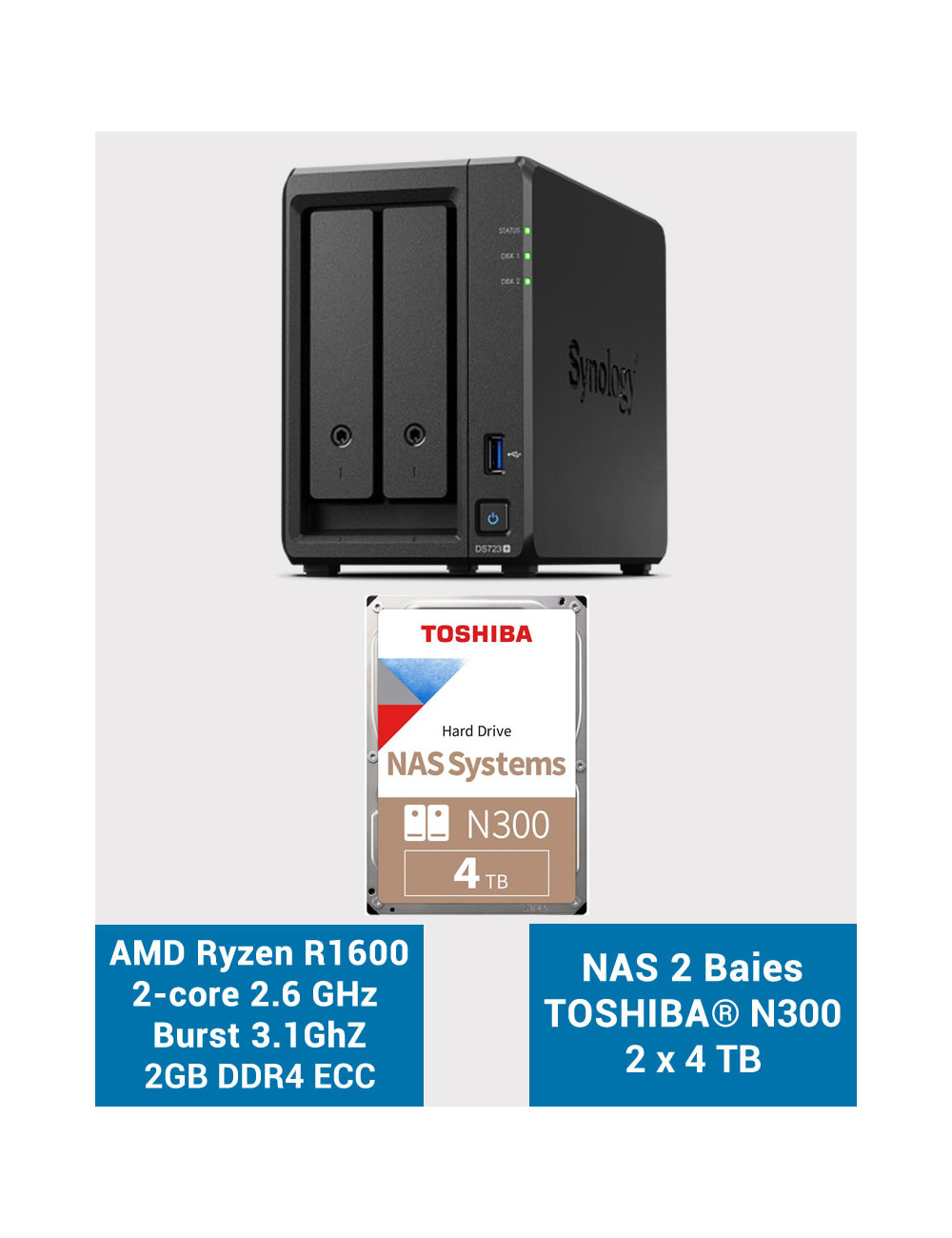 Synology DS723+ Serveur NAS Toshiba N300 8To (2x4To)