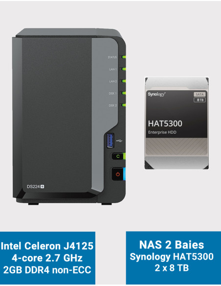 Synology DiskStation DS224+ 2Go Serveur NAS HAT5300 16To (2x8To)