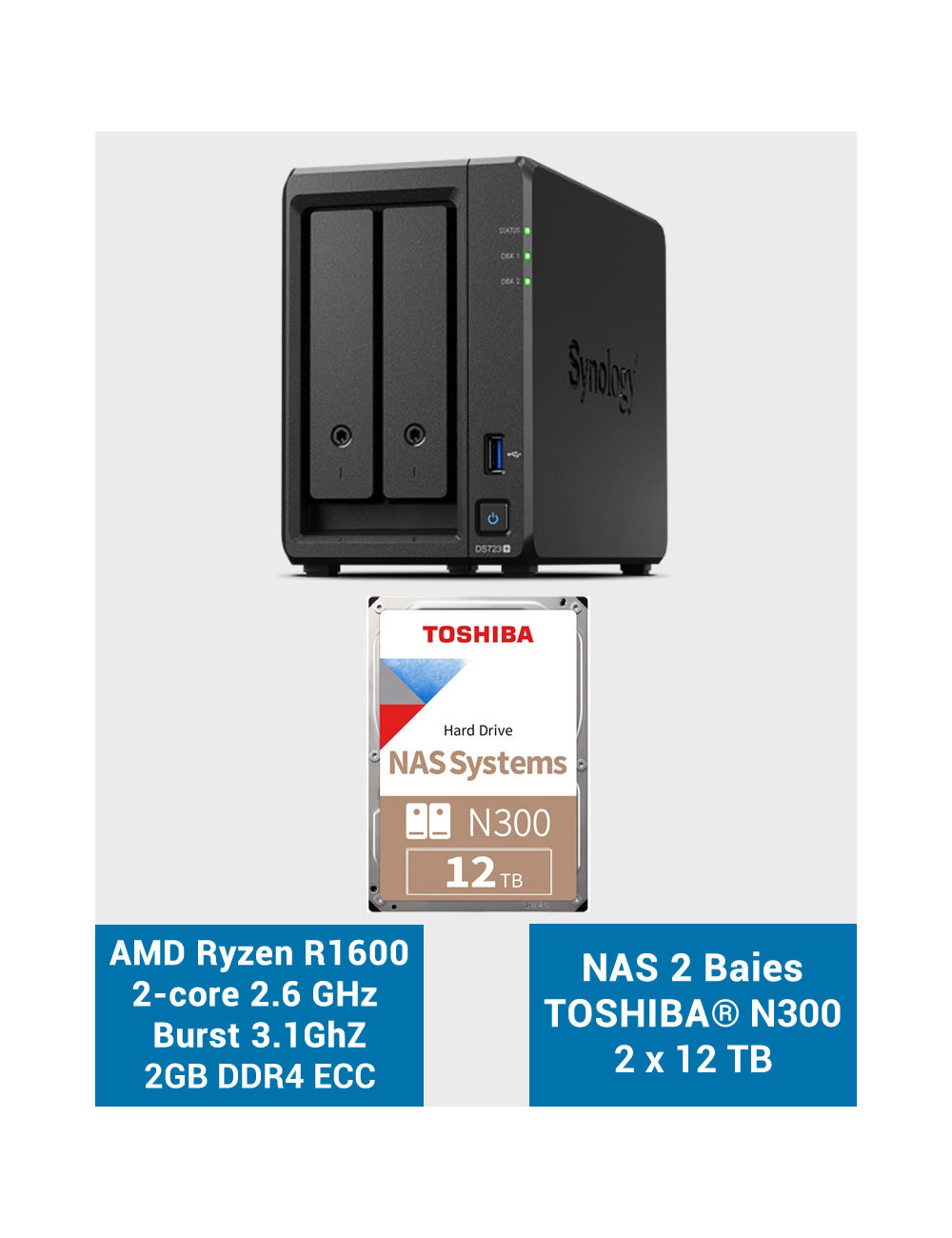 Synology DS723+ Serveur NAS Toshiba N300 24To (2x12To)