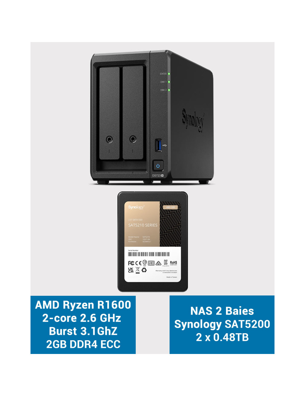 Synology DS723+ Serveur NAS SSD SAT5200 960Go (2x480Go)