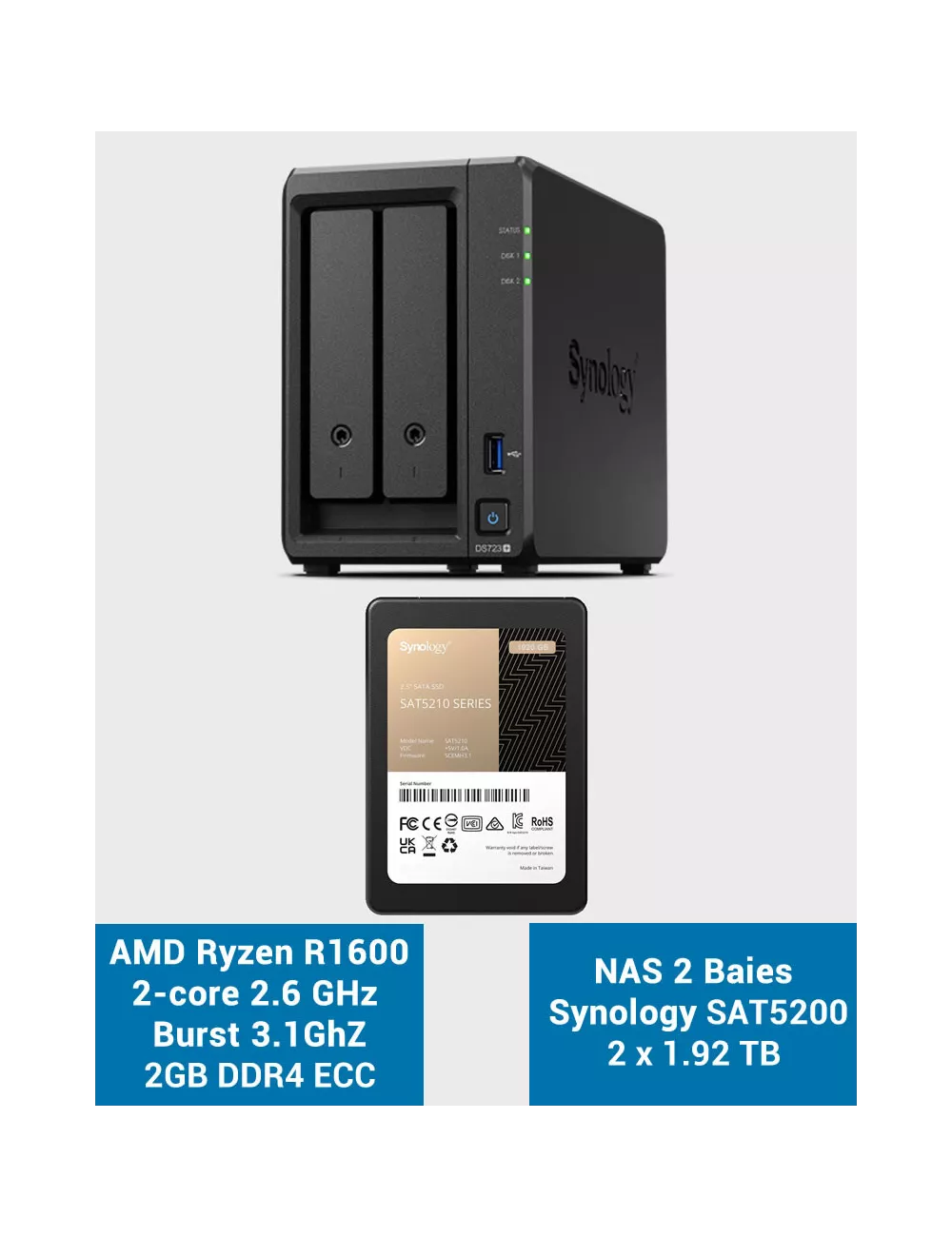 Synology DS723+ Serveur NAS SSD SAT5200 3840Go (2x1920Go)