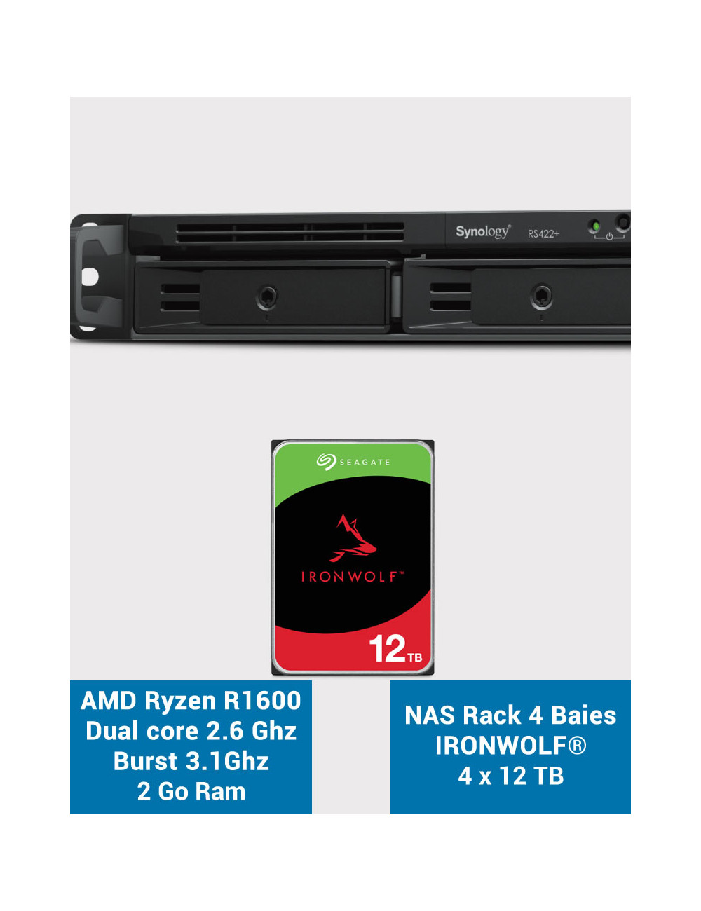 Synology RS422+ Serveur NAS Rack 1U 4 baies IRONWOLF 48To (4x12To)