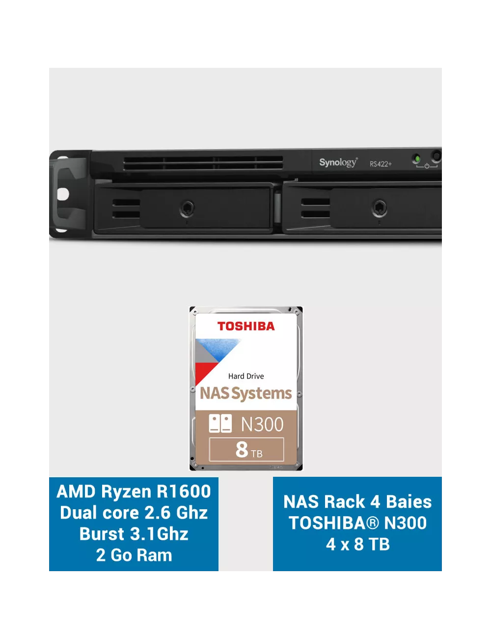 Synology RS422+ Serveur NAS Rack 1U 4 baies N300 32To (4x8To)