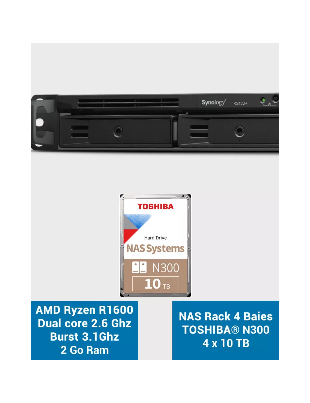 Synology RS422+ Serveur NAS Rack 1U 4 baies N300 40To (4x10To)