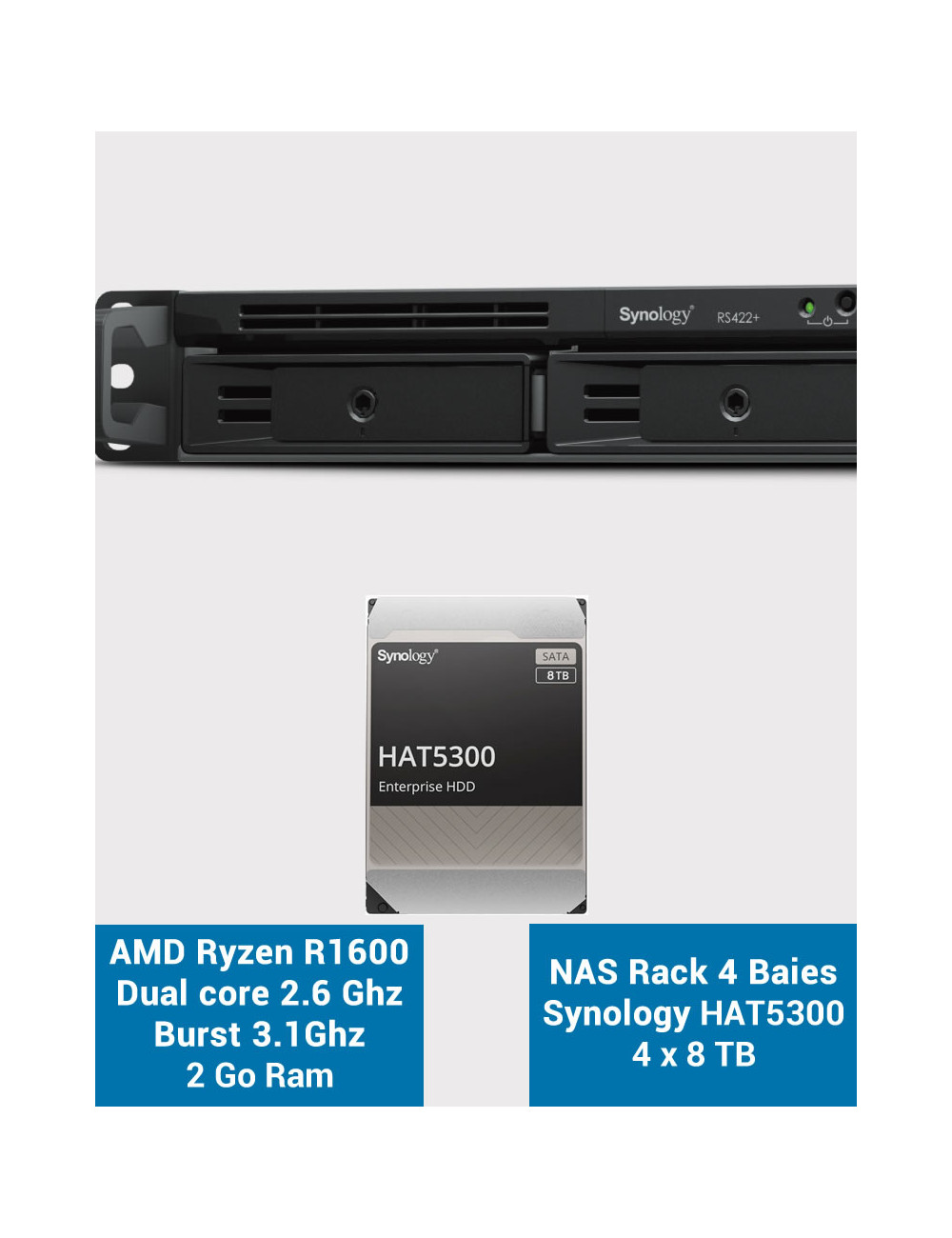 Synology RS422+ Serveur NAS Rack 1U 4 baies HAT5300 32To (4x8To)