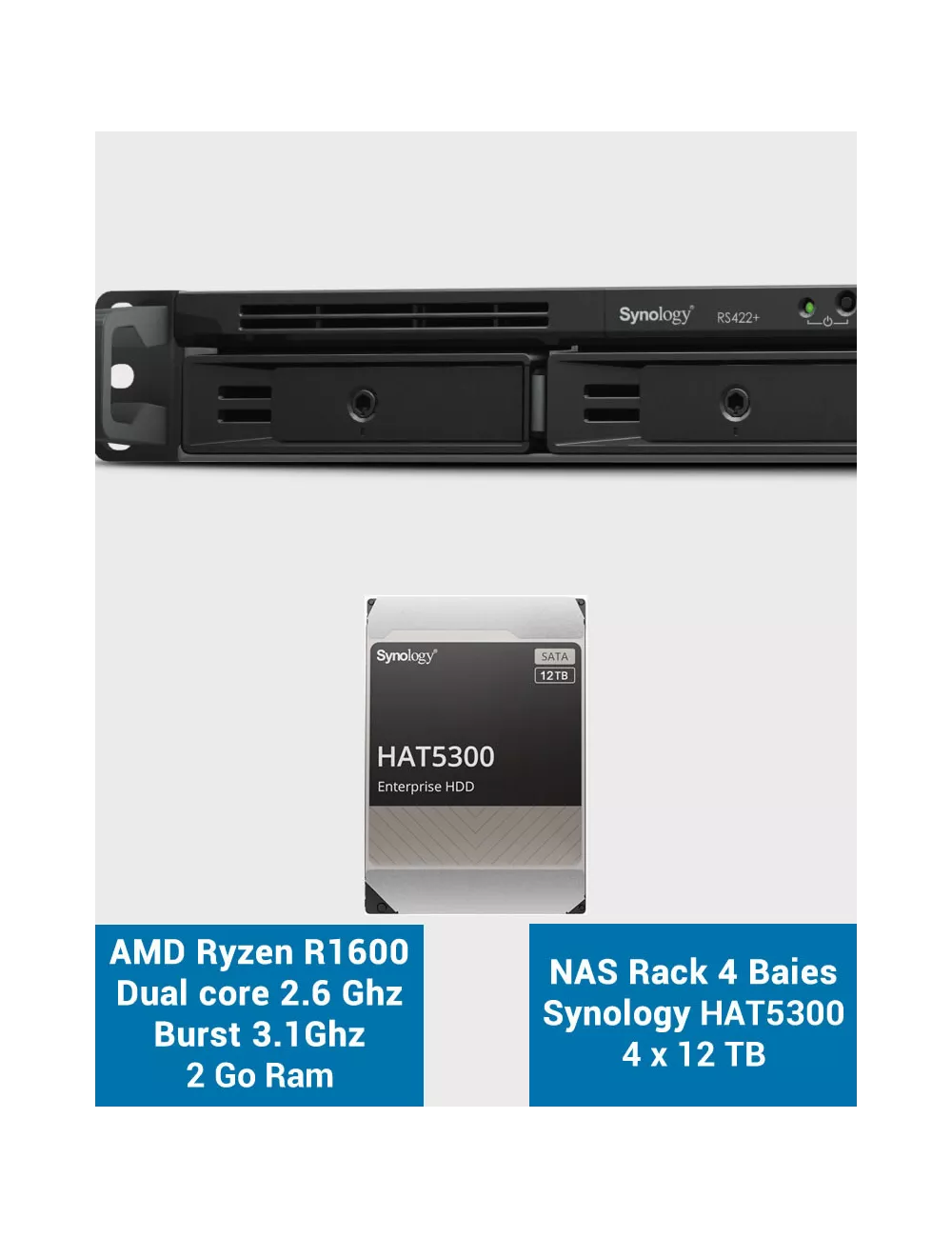 Synology RS422+ Serveur NAS Rack 1U 4 baies N300 48To (4x12To)