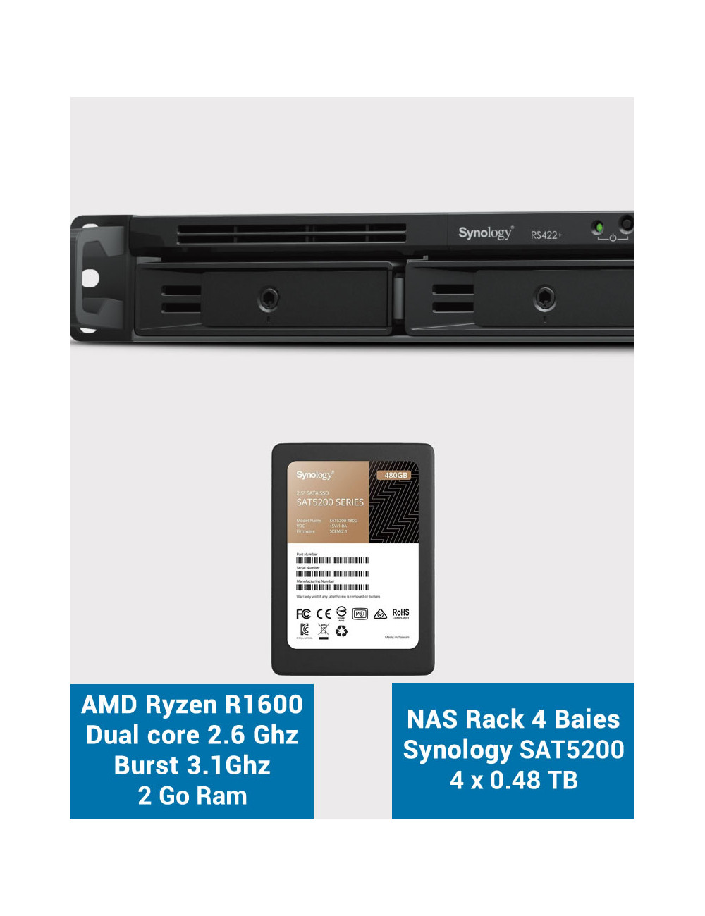 Synology RS422+ Serveur NAS Rack 1U SSD SAT5200 1920Go (4x480Go)