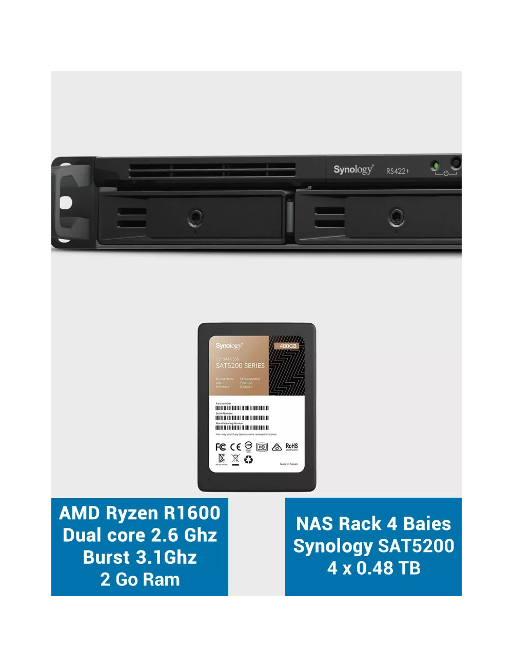 Synology RS422+ Serveur NAS Rack 1U SSD SAT5200 1920Go (4x480Go)