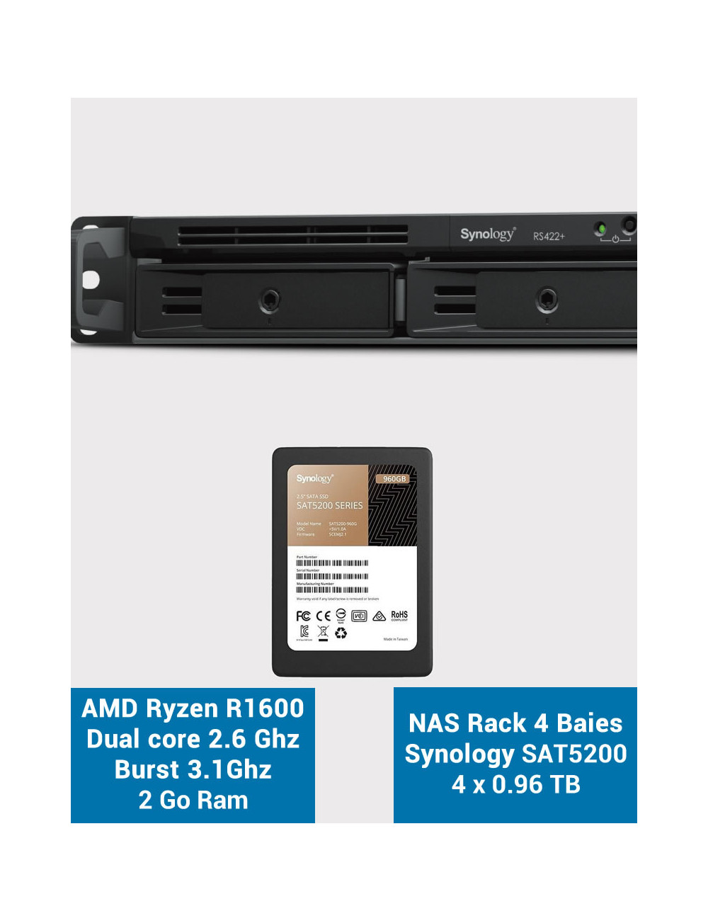 Synology RS422+ Serveur NAS Rack 1U SSD SAT5200 3840Go (4x960Go)