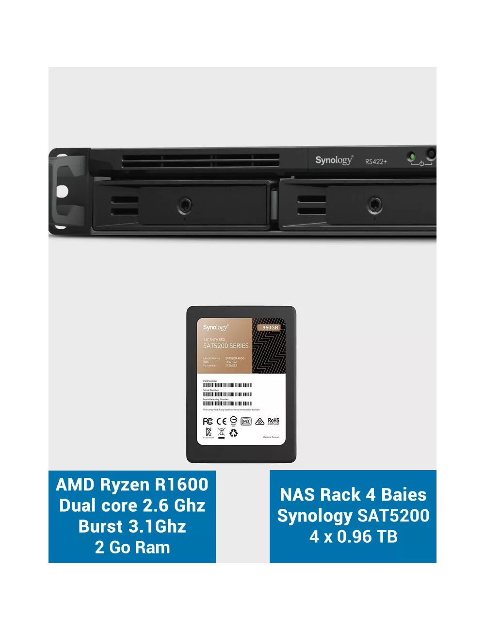 Synology RS422+ Serveur NAS Rack 1U SSD SAT5200 3840Go (4x960Go)