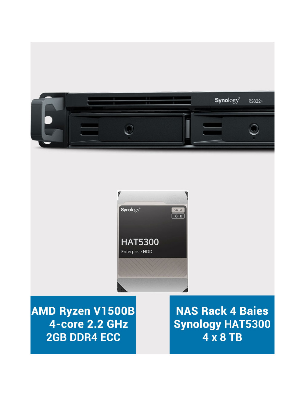 Synology RS822+ 2Go Serveur NAS Rack 1U HAT5300 32To (4x8To)