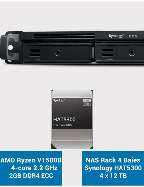 Synology RS822+ 2Go Serveur NAS Rack 1U HAT5300 48To (4x12To)