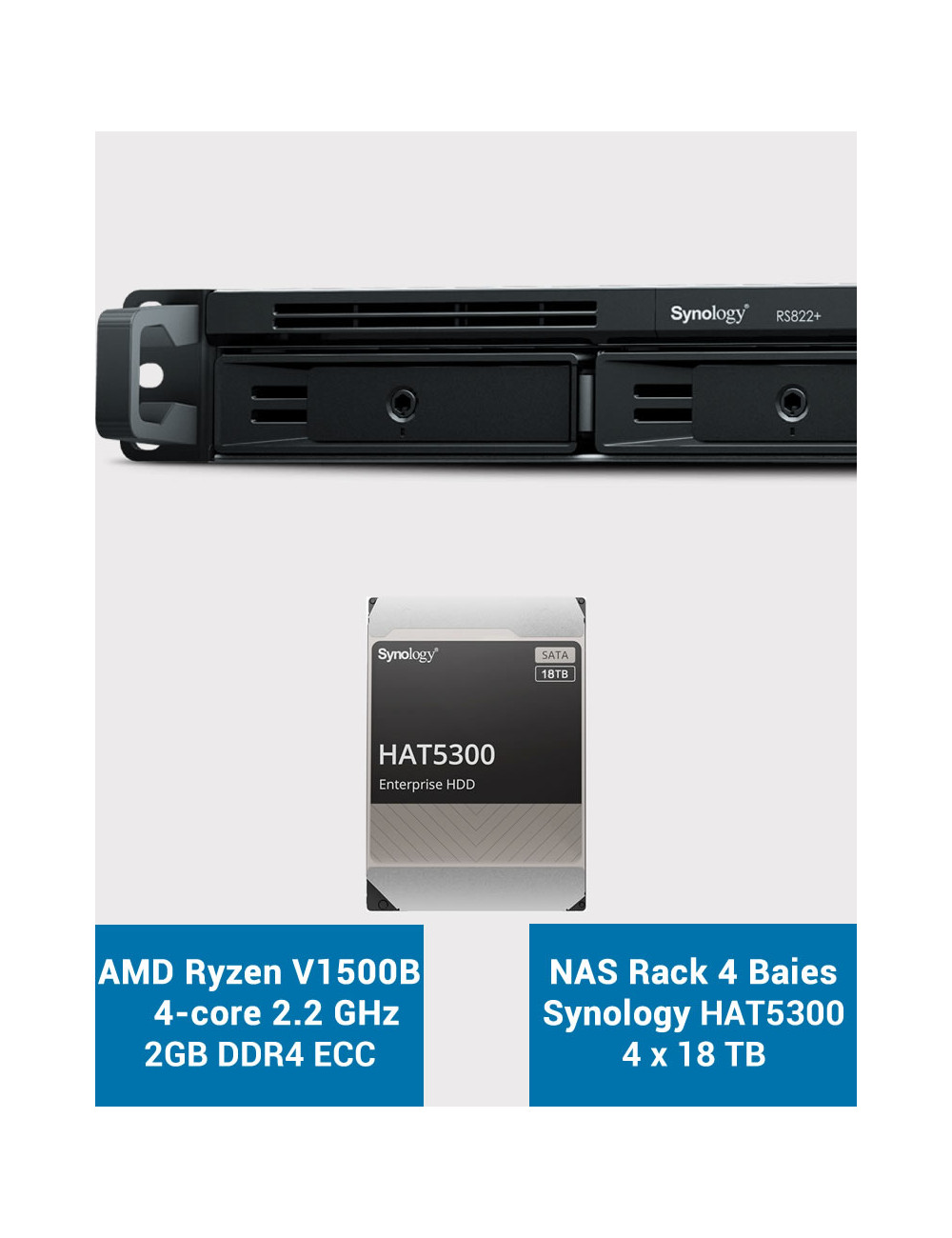 Synology RS822+ 2Go Serveur NAS Rack 1U HAT5300 72To (4x18To)