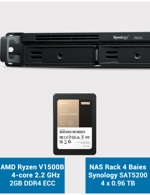 Synology RS822+ 2GB Servidor NAS Rack 1U SSD SAT5200 3.84TB (4x960GB)