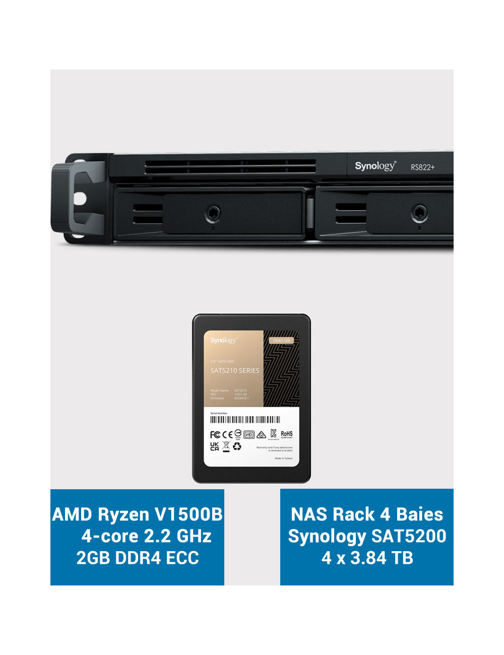 Synology RS822+ 2Go Serveur NAS Rack 1U SSD SAT5200 15.36To (4x3.84To)