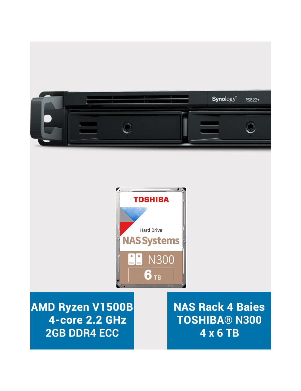 Synology RS822+ 2Go Serveur NAS Rack 1U Toshiba N300 24To (4x6To)