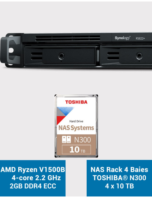 Synology RS822+ 2Go Serveur NAS Rack 1U Toshiba N300 40To (4x10To)