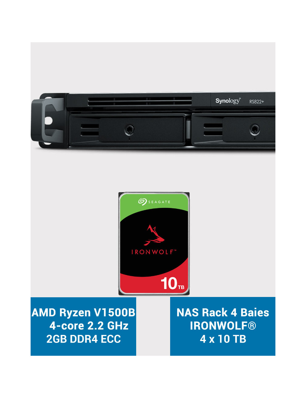Synology RS822+ 2Go Serveur NAS Rack 1U IRONWOLF 40To (4x10To)