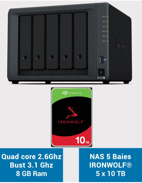 Synology DiskStation® DS1522+ Servidor NAS IRONWOLF 50TB (5x10TB)